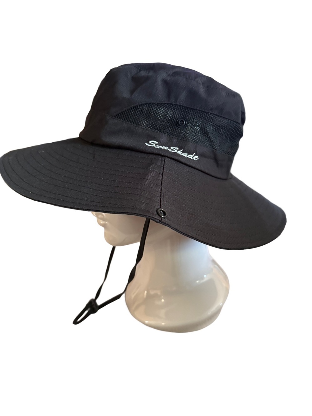 Sun-Shade UV Protection Bucket Hat with Ponytail Opening Black Wide Brim Foldabl